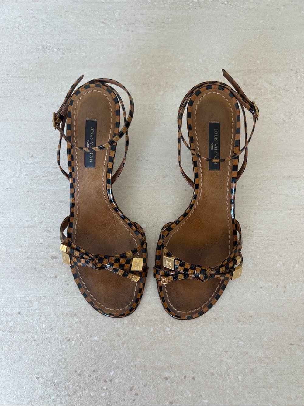 Vintage Louis Vuitton Damier Brown Checkered Strappy Sandals with Gold Accents